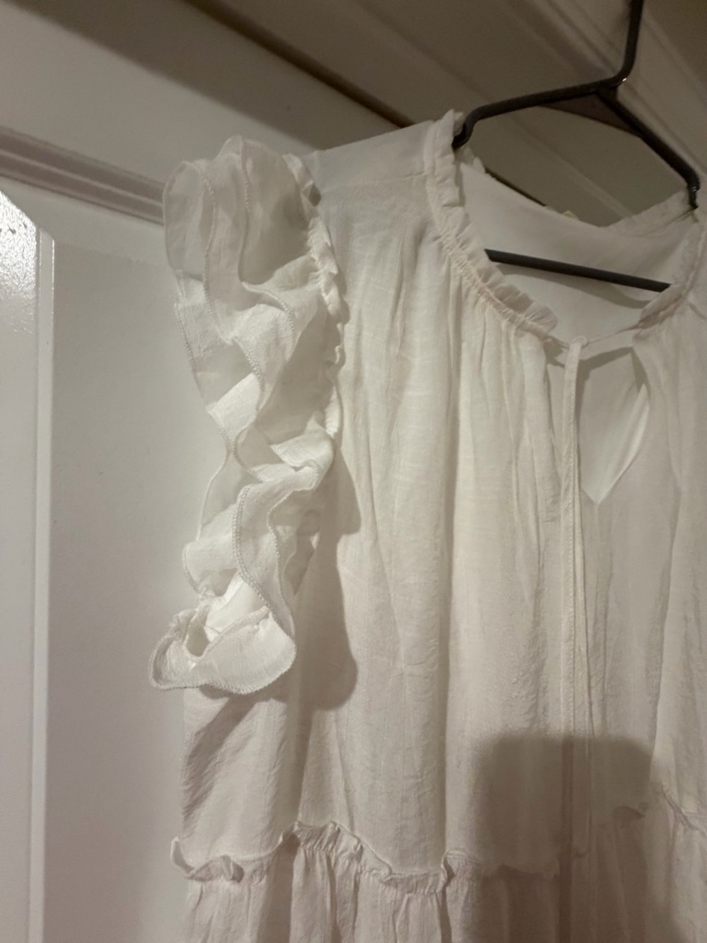 White Ruffle Tiered Cotton Peasant Dress - Picture 2 of 6